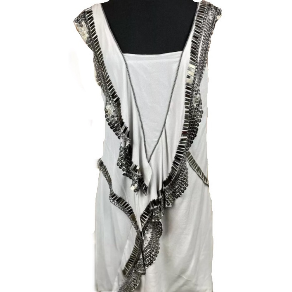 🍾 Gray silk shift dress with sequins and chains